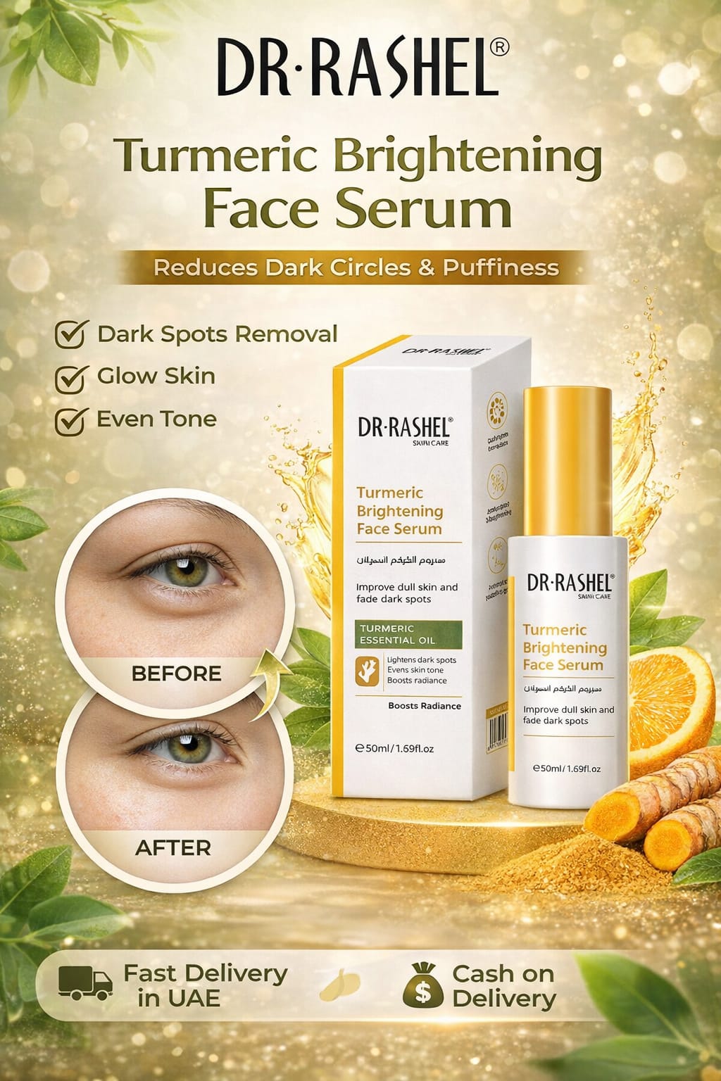 DR.RASHEL Turmeric Brightening Face Serum – Dark Spots Removal, Glowing Skin & Even Tone Care (50ml)