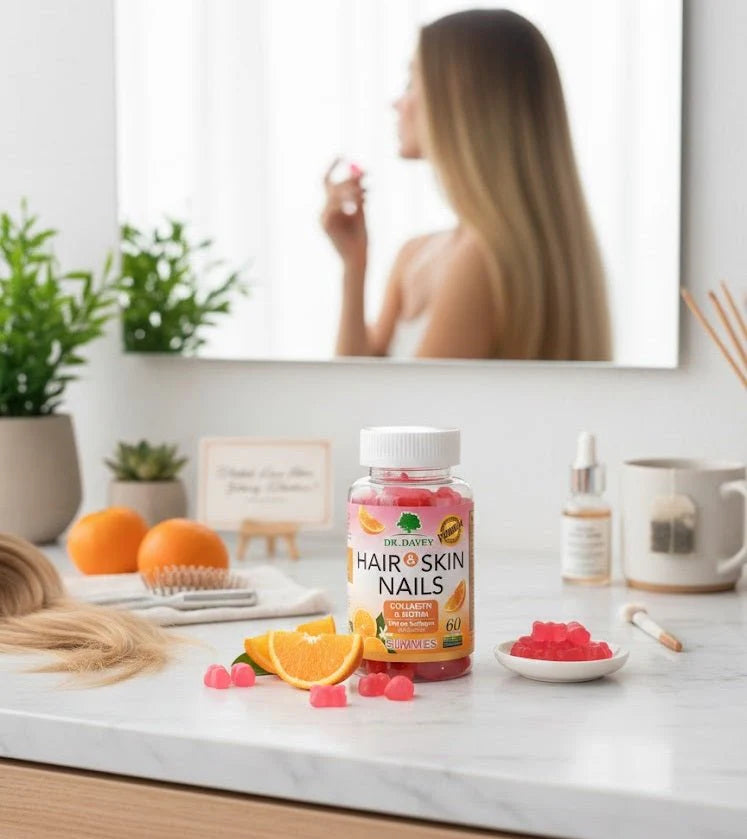 Dr. Davey Hair & Skin Nails Gummies – Collagen & Biotin | 60 Vegan Gummies (30-Day Supply)