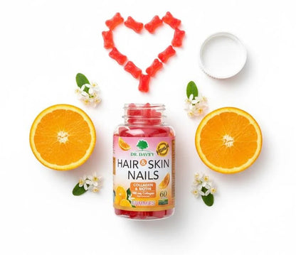 Dr. Davey Hair & Skin Nails Gummies – Collagen & Biotin | 60 Vegan Gummies (30-Day Supply)