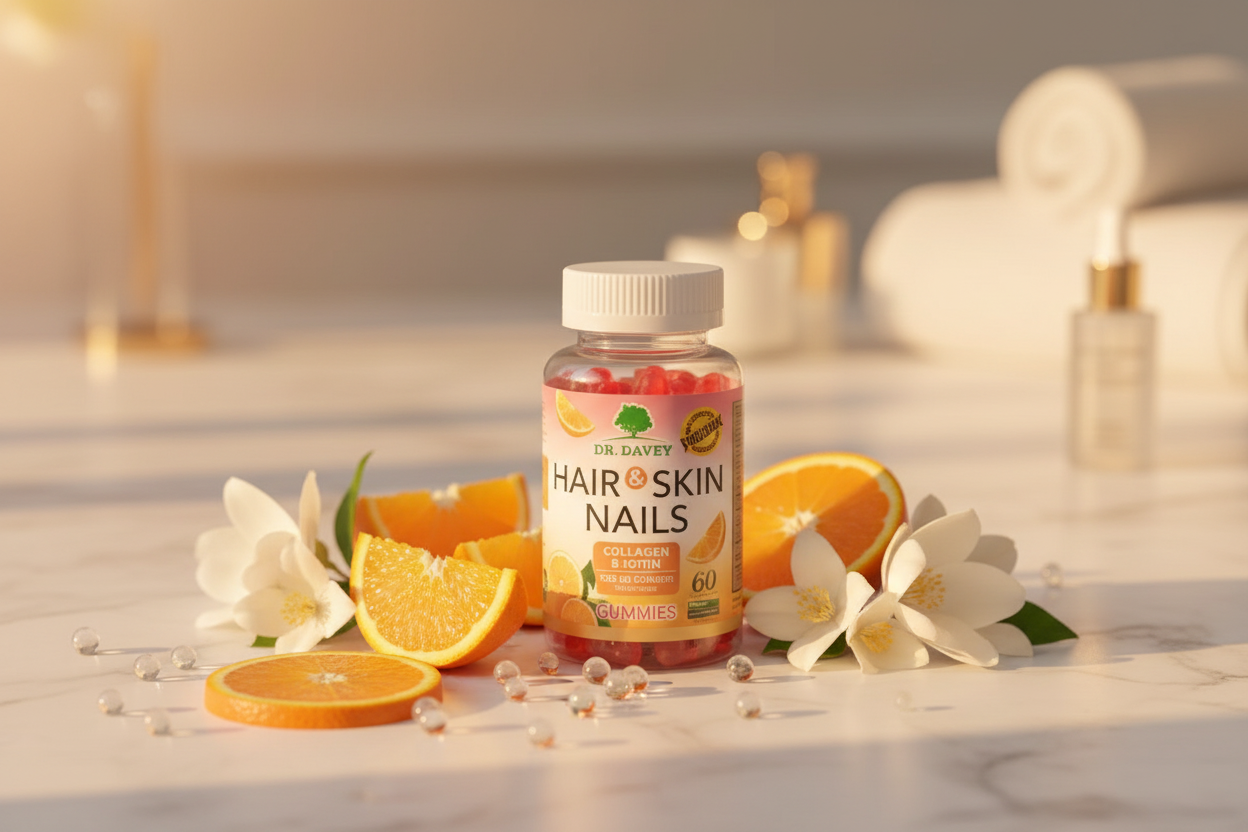 Dr. Davey Hair Skin Nails Gummies premium luxury product photography on marble surface